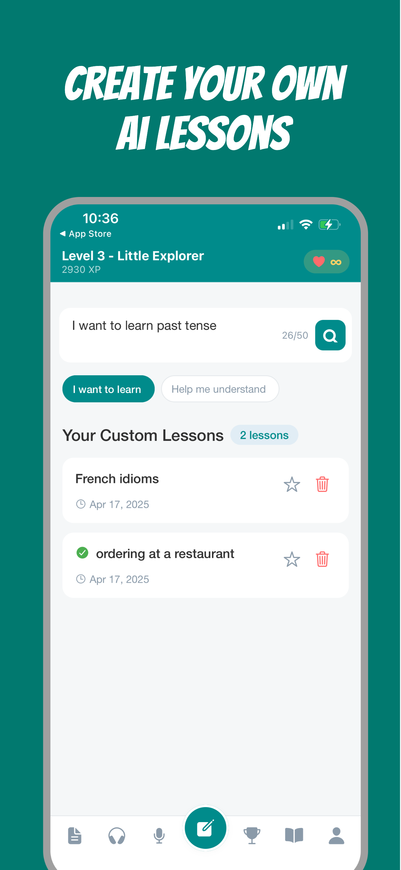 Screenshot showing custom French lesson creation interface with vocabulary and grammar exercises